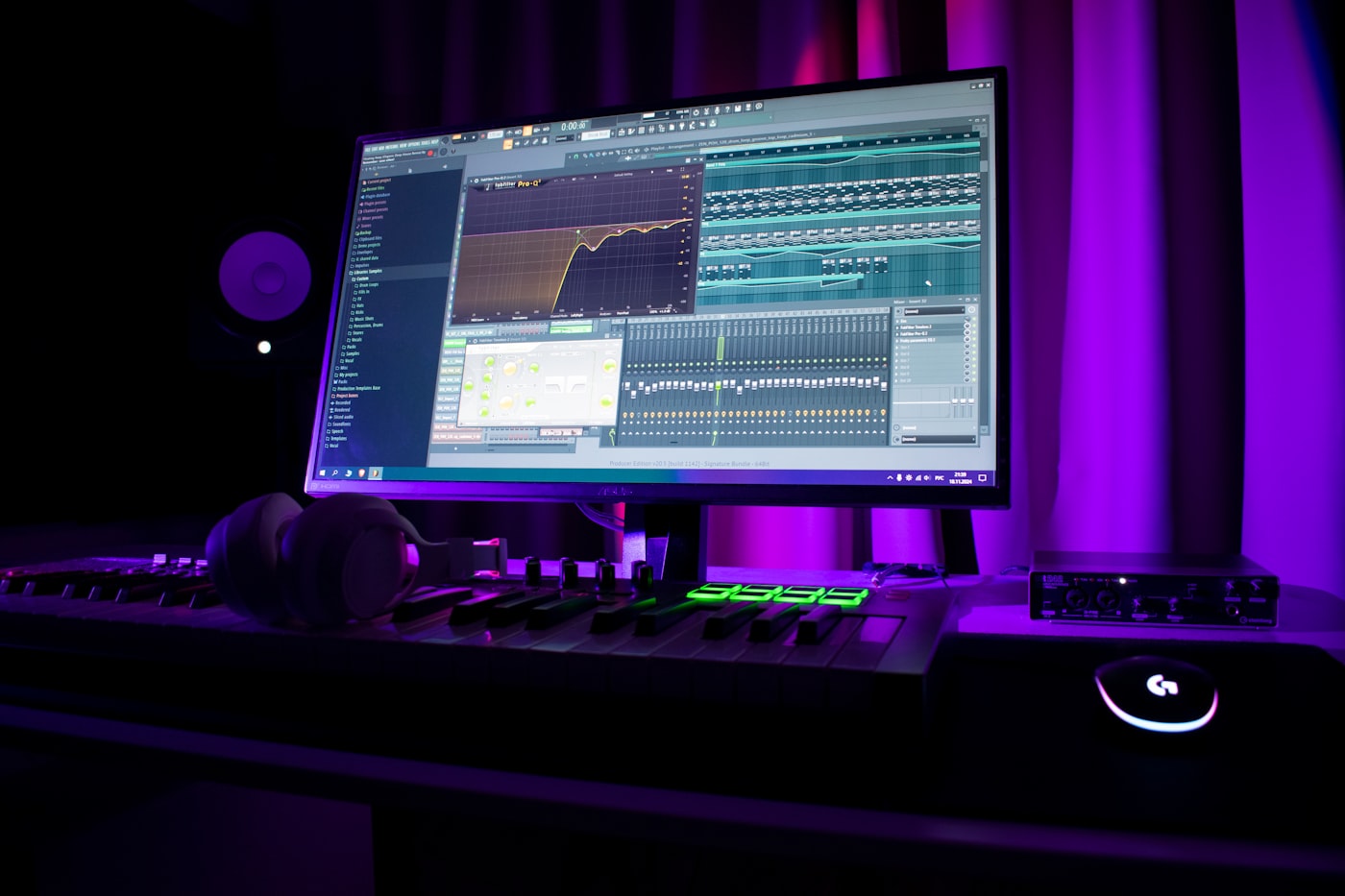 Temporary neon-lit music studio reference